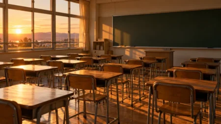 放課後の小学校の教室に並ぶ木の机と黒板
