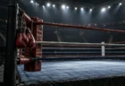 照明の当たる無人のボクシングリングとロープに掛けられた赤いグローブ