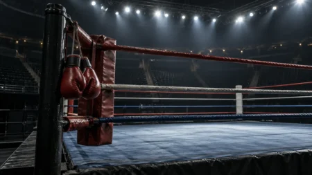 照明の当たる無人のボクシングリングとロープに掛けられた赤いグローブ