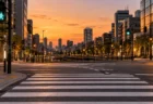 夕暮れの街の横断歩道と青に変わった歩行者信号