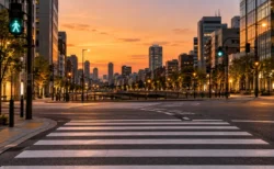 夕暮れの街の横断歩道と青に変わった歩行者信号