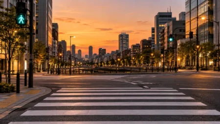 夕暮れの街の横断歩道と青に変わった歩行者信号