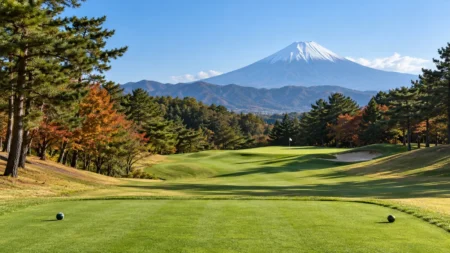 秋晴れの朝、遠くに富士山を望むゴルフ場のフェアウェイとグリーン