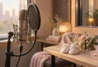 朝の光が差す録音ブースのマイクと、テーブルに置かれた白いベビーシューズと花束