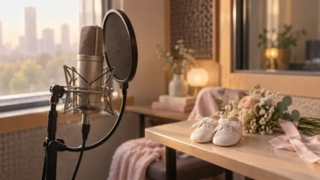 朝の光が差す録音ブースのマイクと、テーブルに置かれた白いベビーシューズと花束
