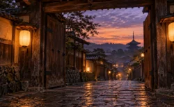 時代劇の撮影所を思わせる夕暮れの木造の門と石畳
