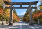 秋晴れの朝、神社の大きな鳥居前から延びる人のいない舗装路