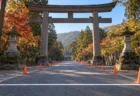 秋の朝、神社の大きな鳥居の前から伸びる道路に白いスタートラインとコーンが並ぶ風景