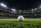 照明に照らされた夜のサッカースタジアムのピッチに置かれた白いボール