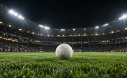 照明に照らされた夜のサッカースタジアムのピッチに置かれた白いボール