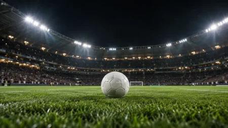 照明に照らされた夜のサッカースタジアムのピッチに置かれた白いボール