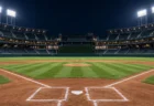 ナイター照明に照らされた無人の野球場のダイヤモンド