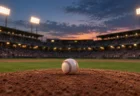 夕暮れのナイター照明に照らされた野球場のマウンドに置かれた白いボール