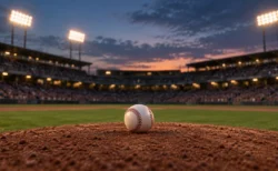夕暮れのナイター照明に照らされた野球場のマウンドに置かれた白いボール