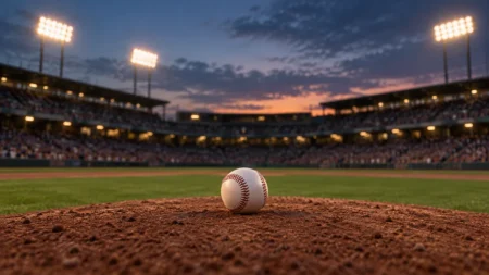 夕暮れのナイター照明に照らされた野球場のマウンドに置かれた白いボール