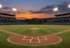 夕暮れにナイター照明が灯る無人の野球場とホームベース付近のダイヤモンド