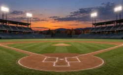 夕暮れにナイター照明が灯る無人の野球場とホームベース付近のダイヤモンド
