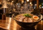 木のカウンターに置かれた湯気の立つラーメンと、夜のラーメン店の厨房