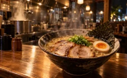 木のカウンターに置かれた湯気の立つラーメンと、夜のラーメン店の厨房