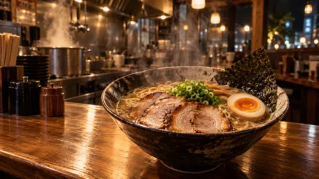 木のカウンターに置かれた湯気の立つラーメンと、夜のラーメン店の厨房