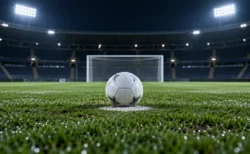 夜のサッカー場のペナルティーエリアに置かれたボールと白線