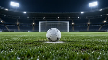 夜のサッカー場のペナルティーエリアに置かれたボールと白線