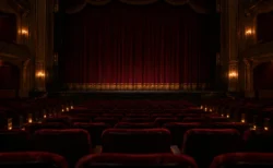 照明が落ちた無人の劇場ホールと幕の下りたステージ、赤い客席
