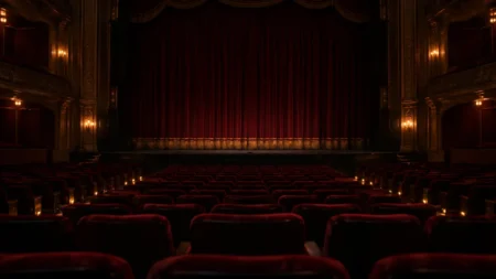 照明が落ちた無人の劇場ホールと幕の下りたステージ、赤い客席