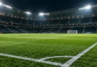 夜の照明に照らされた無人のサッカースタジアムのピッチ