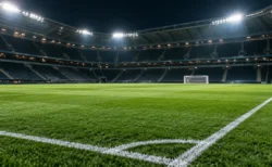 夜の照明に照らされた無人のサッカースタジアムのピッチ