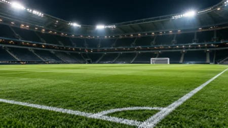 夜の照明に照らされた無人のサッカースタジアムのピッチ