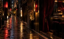 夜の銀座の路地、濡れた石畳に映る高級クラブの灯り