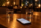 夜のレストランのテーブルに置かれた2つのグラスとスマートフォン