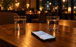 夜のレストランのテーブルに置かれた2つのグラスとスマートフォン