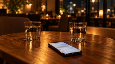 夜のレストランのテーブルに置かれた2つのグラスとスマートフォン