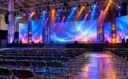 照明に照らされた大型イベントホールの無人のステージと客席