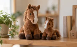 競馬場のグッズ売り場の棚に並ぶ馬のぬいぐるみを思わせる柔らかな布の質感