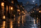 和風の幻想的な夜の街並みと灯籠の明かり
