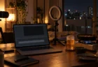 夜の部屋の撮影デスクに置かれたノートパソコンの空の編集画面、外付けハードディスク、カメラとリングライト、晩酌のビールとカセットコンロ