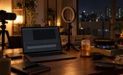 夜の部屋の撮影デスクに置かれたノートパソコンの空の編集画面、外付けハードディスク、カメラとリングライト、晩酌のビールとカセットコンロ