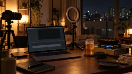 夜の部屋の撮影デスクに置かれたノートパソコンの空の編集画面、外付けハードディスク、カメラとリングライト、晩酌のビールとカセットコンロ