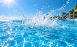 晴れた日の屋外プールの青い水面に上がる白い水しぶき