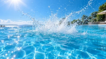 晴れた日の屋外プールの青い水面に上がる白い水しぶき