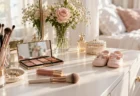 朝の光が入るメイクドレッサーにメイク道具と淡いピンクのベビーシューズが置かれた様子