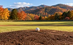 紅葉した山を背にした野球場のマウンドに置かれた白い硬式球