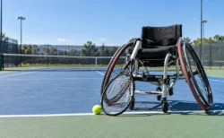 テニスコートに置かれた競技用車いすとラケット