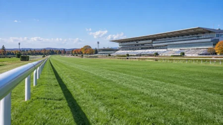 秋の競馬場の芝コースとゴール板付近の直線