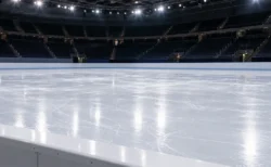 照明に照らされたスケートリンクの氷面とフェンス
