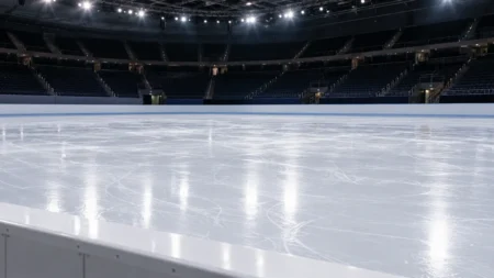 照明に照らされたスケートリンクの氷面とフェンス