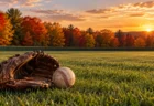 紅葉した木々と夕日を背にした外野の芝生に置かれたグラブと硬式球